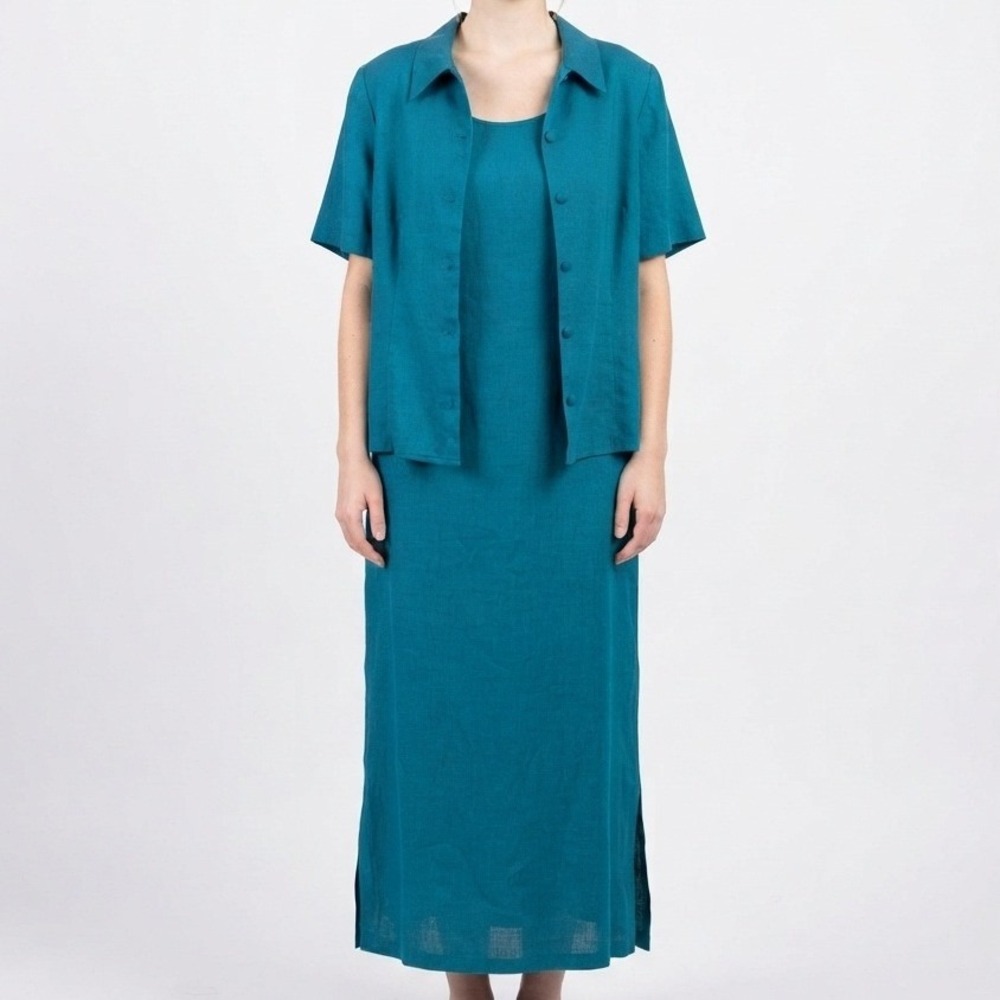 Karin Stevens 2-Piece Linen Dress Set Women's Size 16 Teal NWT